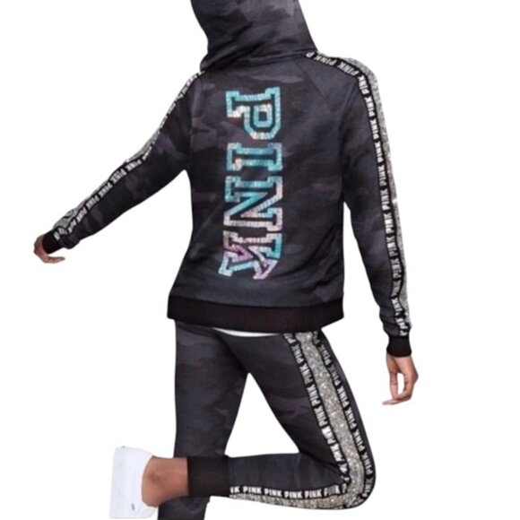 PINK Victoria's Secret Grey Camo Mermaid Bling Jacket & Jogger Set! EUC! - Picture 2 of 11
